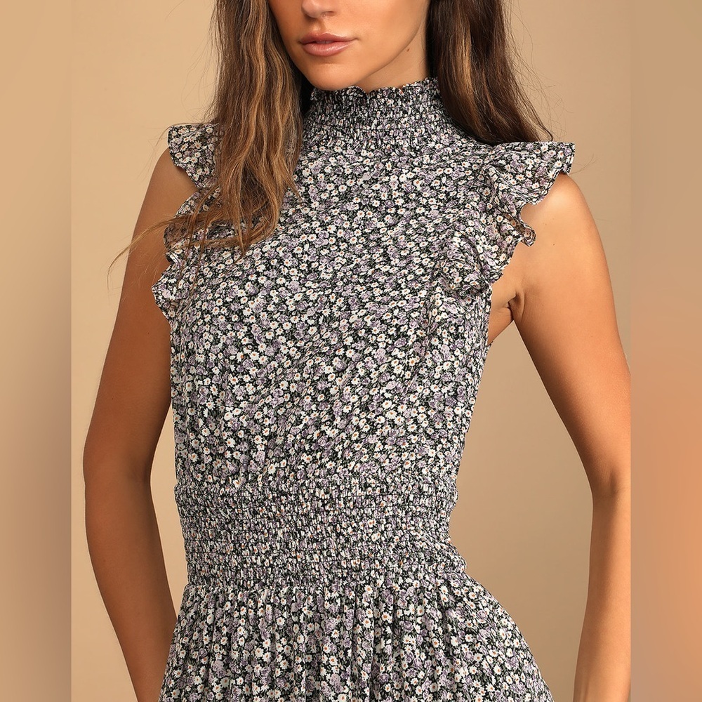 Lulu’s Evalina Black Floral Print Mock Neck Midi Dress - Picture 9 of 9